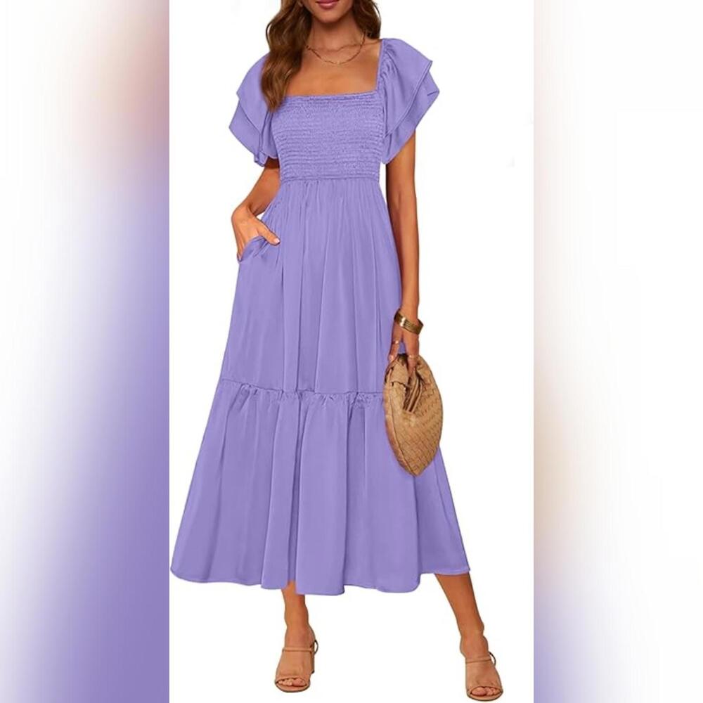 NWT MASCOMODA Casual Midi Square Neck Ruffle Short Sleve Midi Dress, S (4-6)